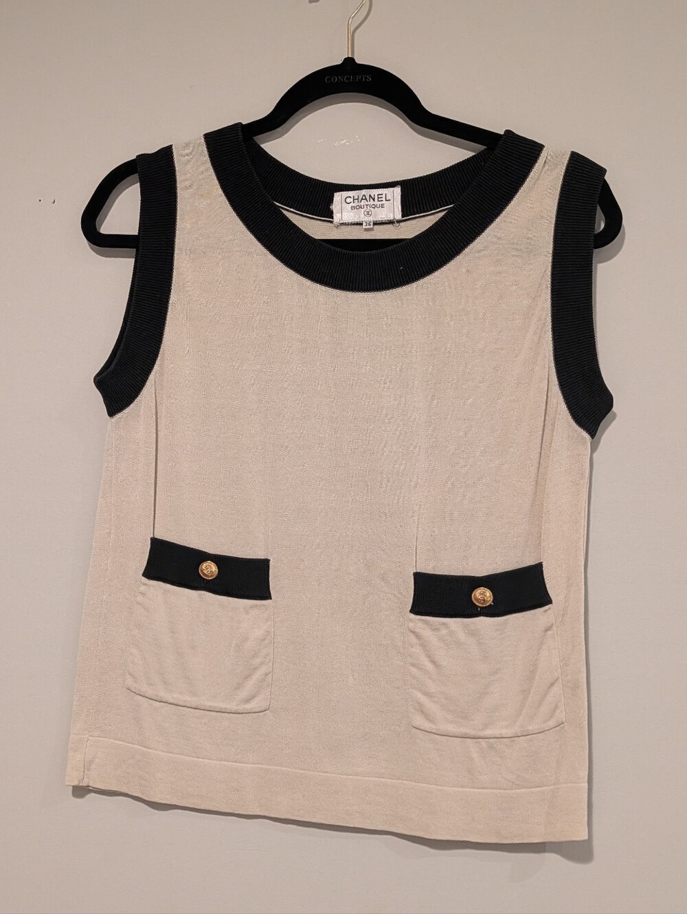 Vintage CHANEL Cream Tank Top with Black Trim and Gold Buttons
